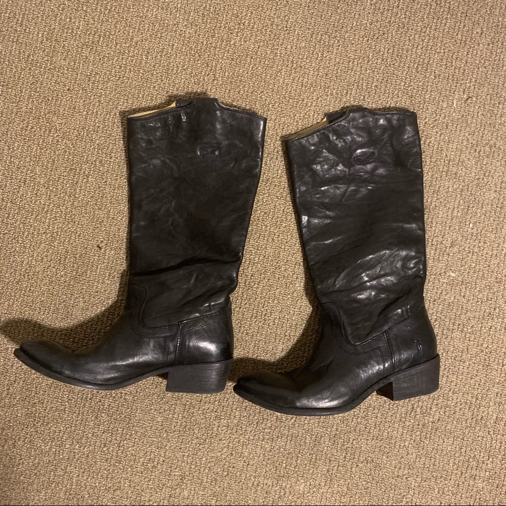 Frye Black Leather Mid-Calf Heeled Boots